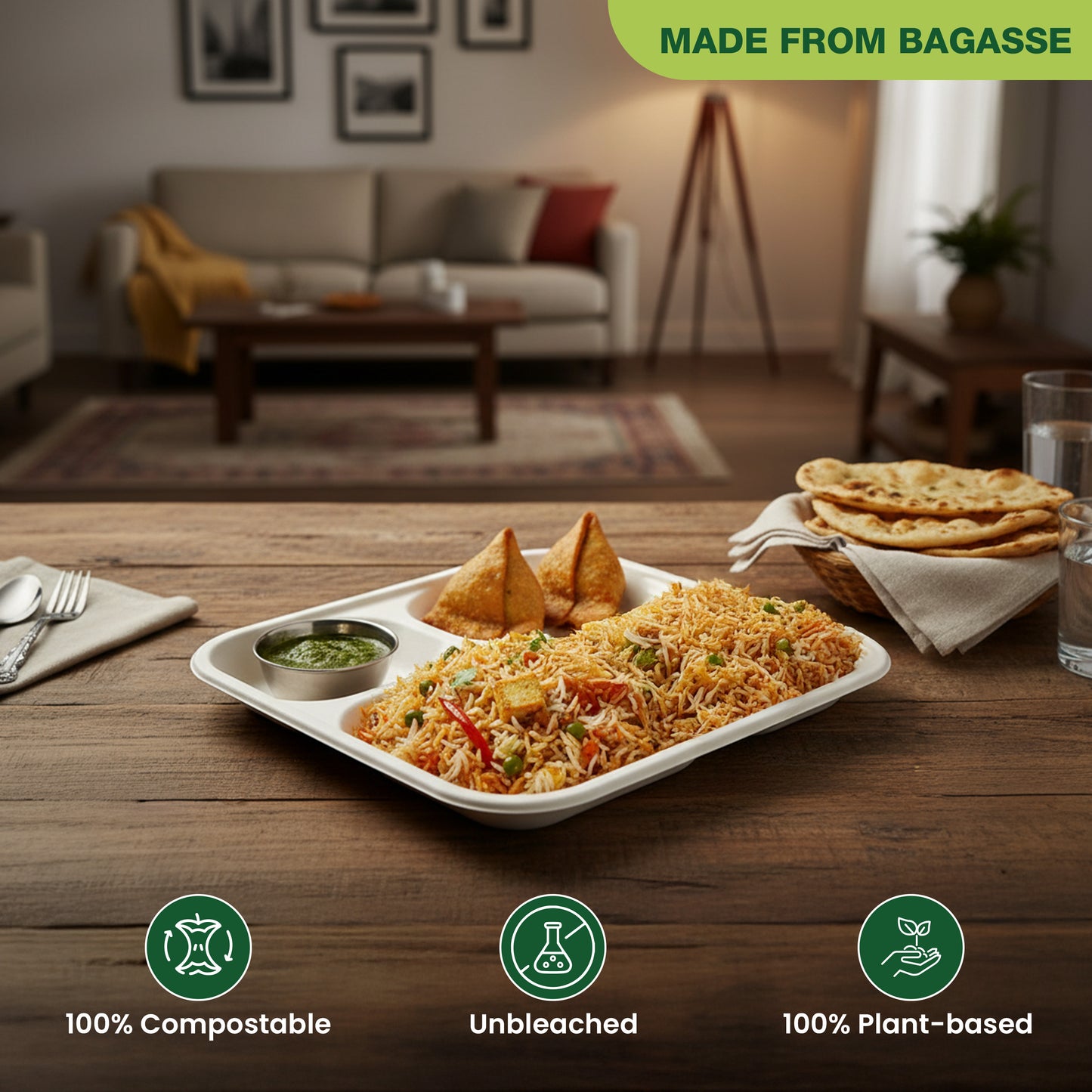 ECO kranti – 3 Compartment Baggase Meal Tray | Pack of 25