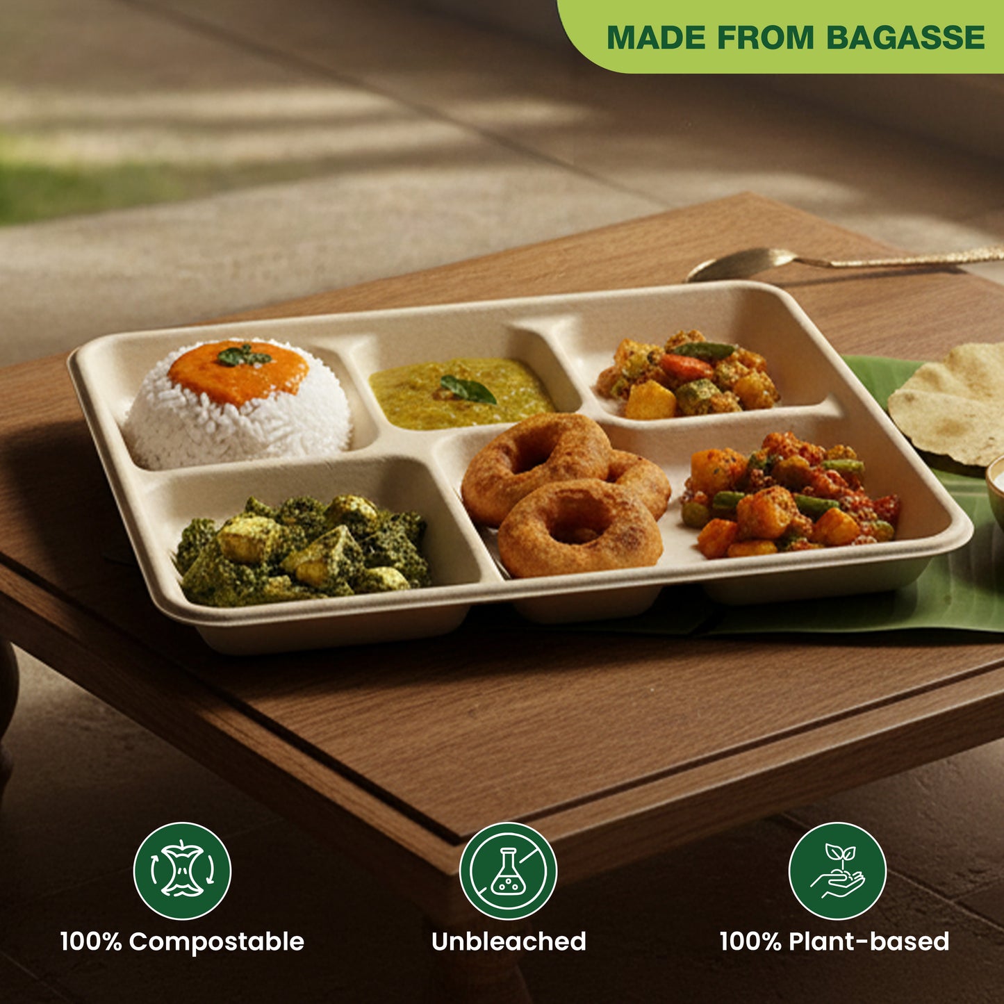 ECO kranti – 5 Compartment Bagassse Meal Tray | Pack of 25
